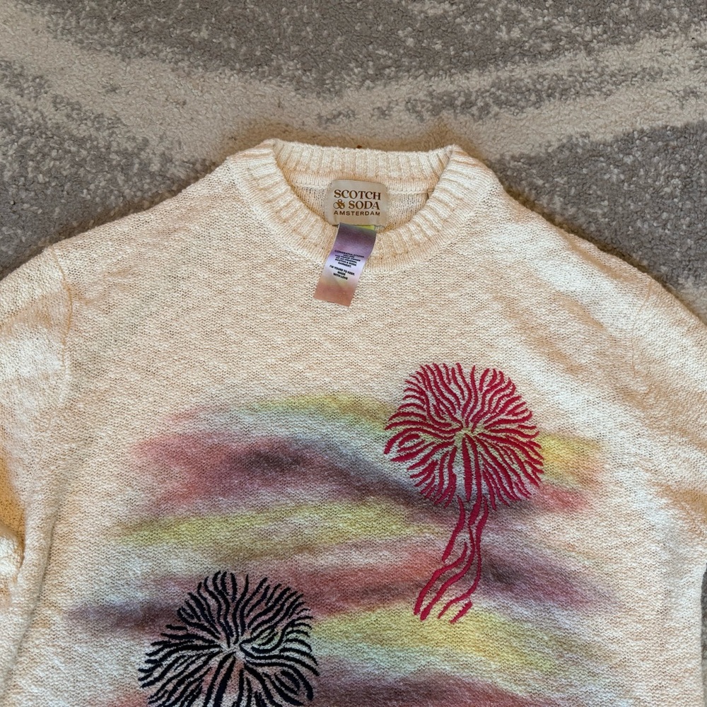 Scotch & Soda Cream and Red Crew Neck Sweater with Artistic Design